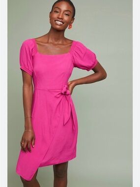 Anthropologie Maeve Women’s Fuchsia Tie-Waist Short Sleeve Dress